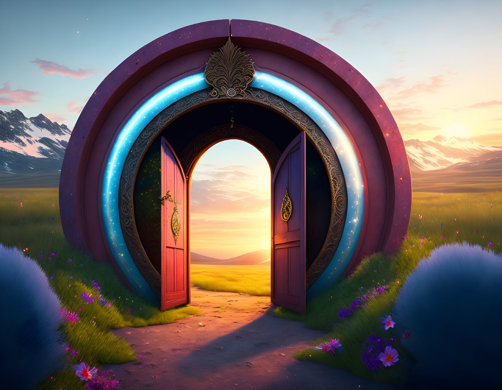 Circular Gateway Reveals Serene Sunset Meadow