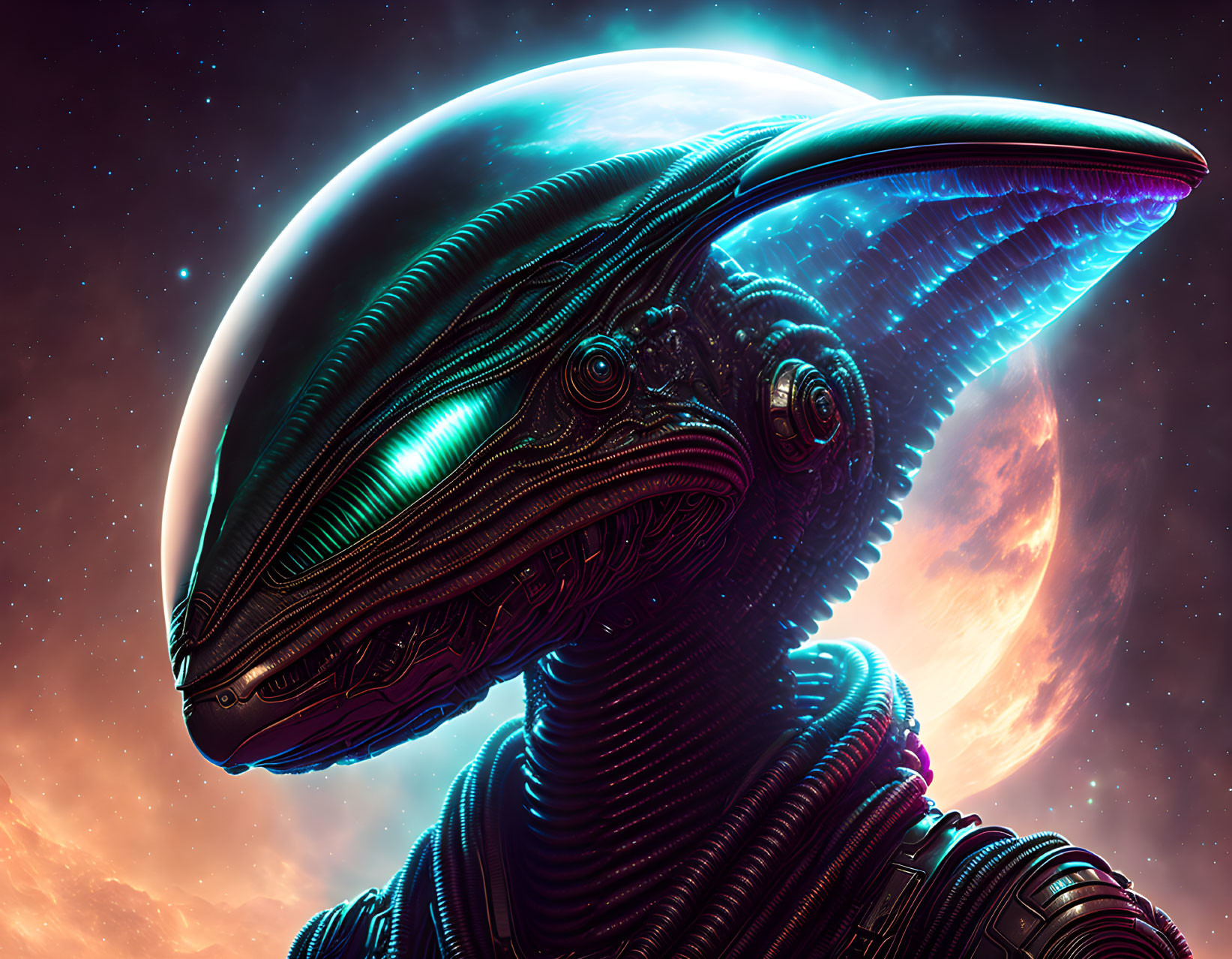 Alien digital artwork with glossy exoskeleton head and cosmic backdrop