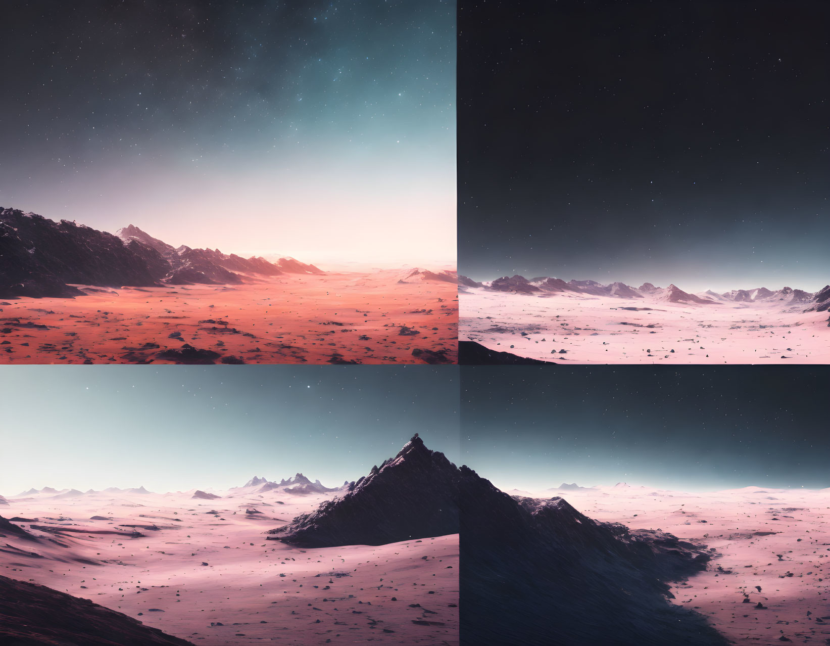 Four Views of Mountainous Alien Landscape in Red and Blue Skies