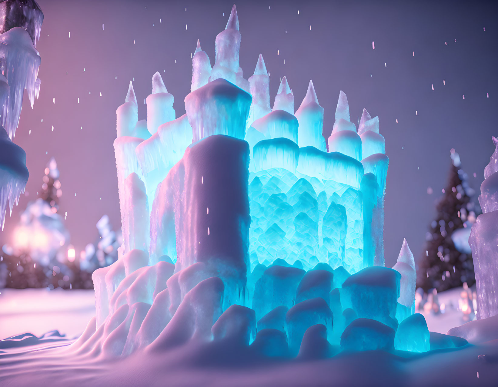 Ethereal blue light illuminates fantastical ice castle