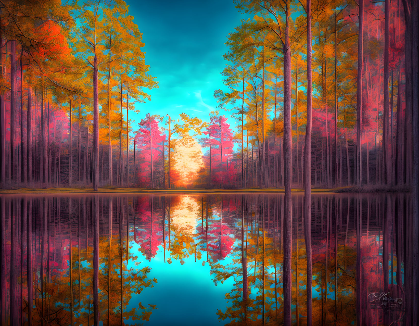 Scenic autumn forest with tall trees and lake reflection at sunset