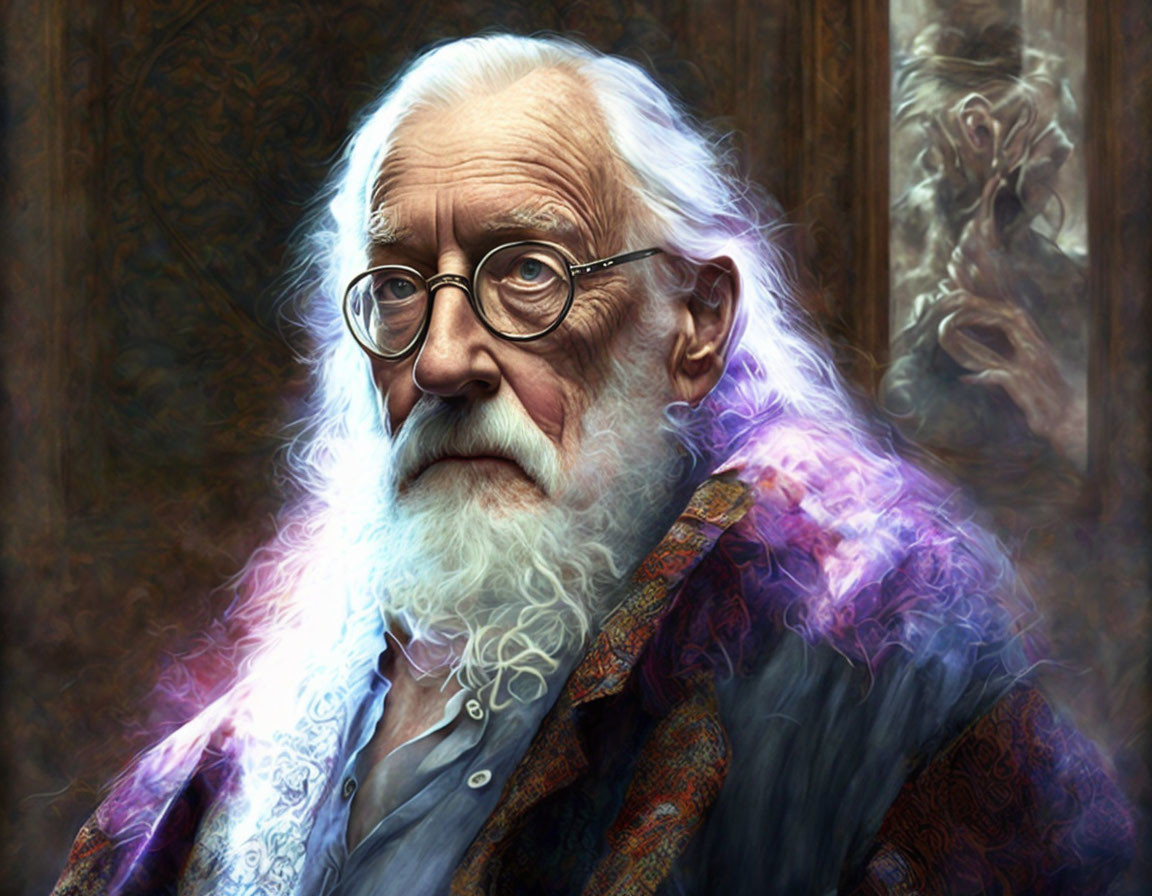 Elderly man with long white beard and glasses in patterned robe portrait