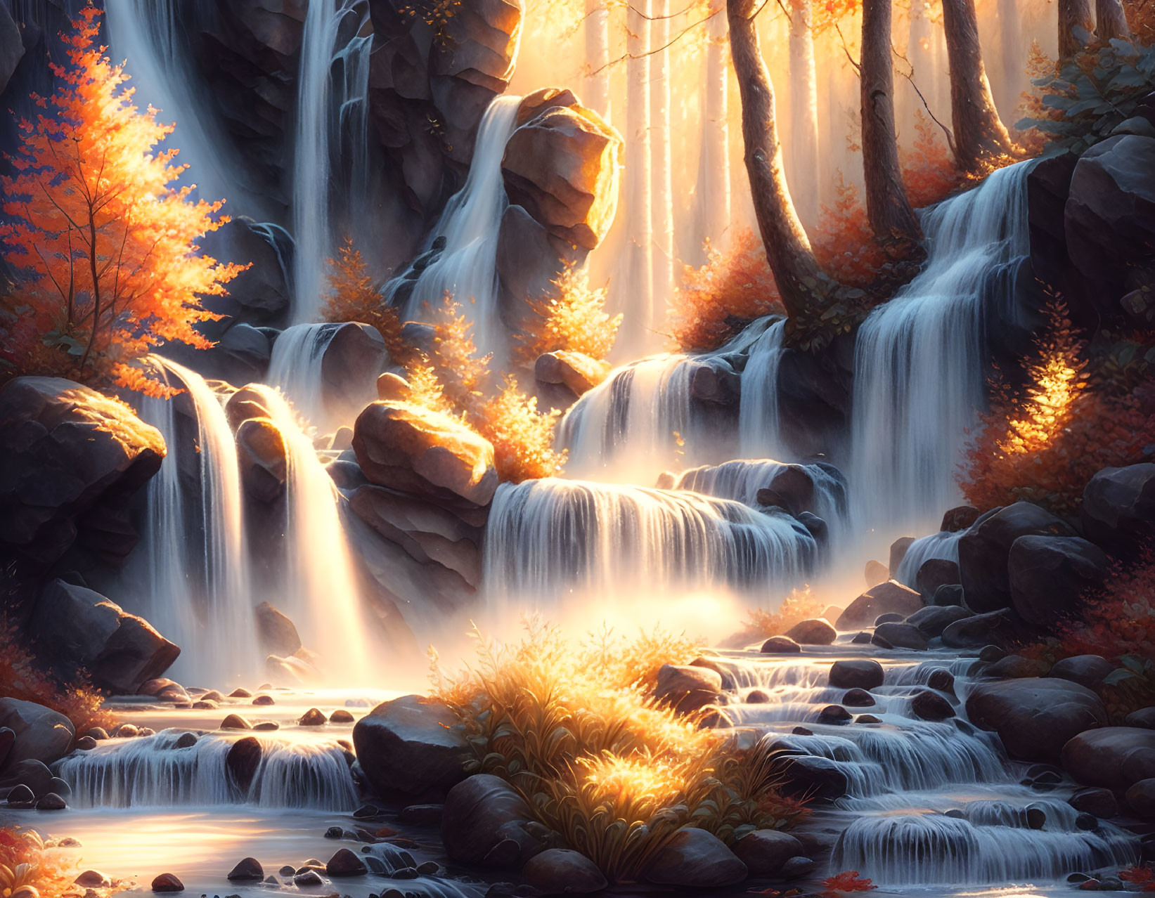 Autumnal forest with cascading waterfalls and golden leaves