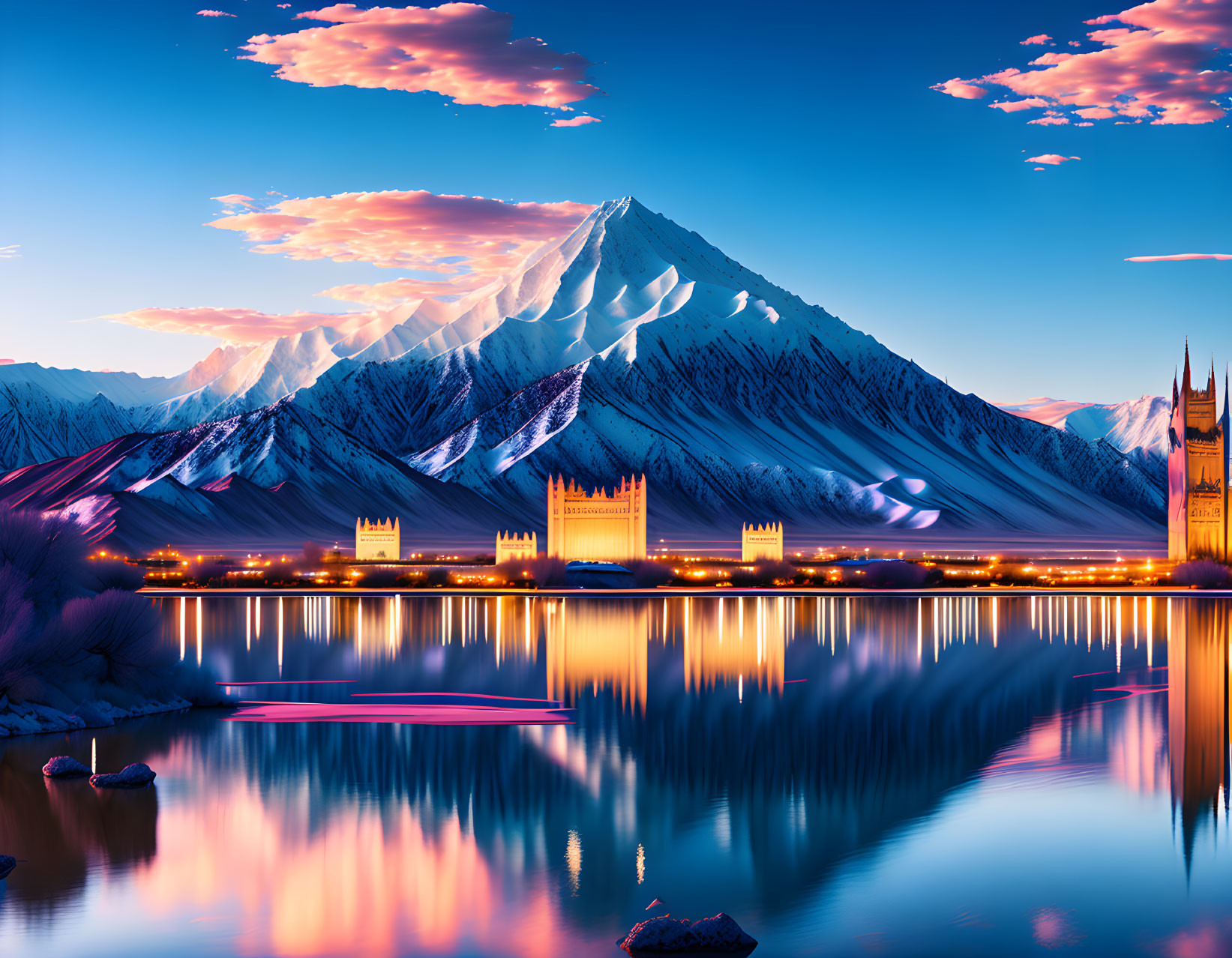 Snow-capped mountain and castle reflected in serene lake at dusk