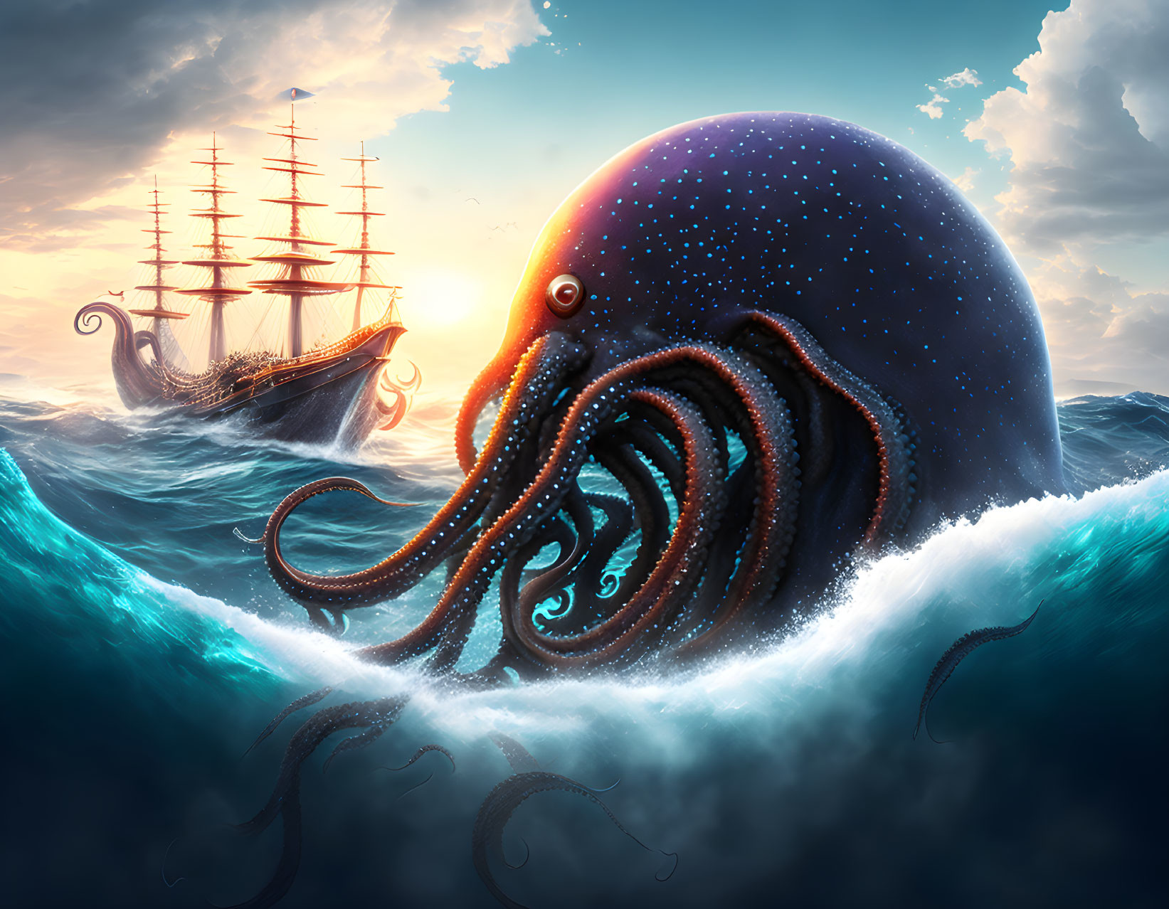 Giant octopus with cosmic-patterned body and sailing ship in turbulent waters