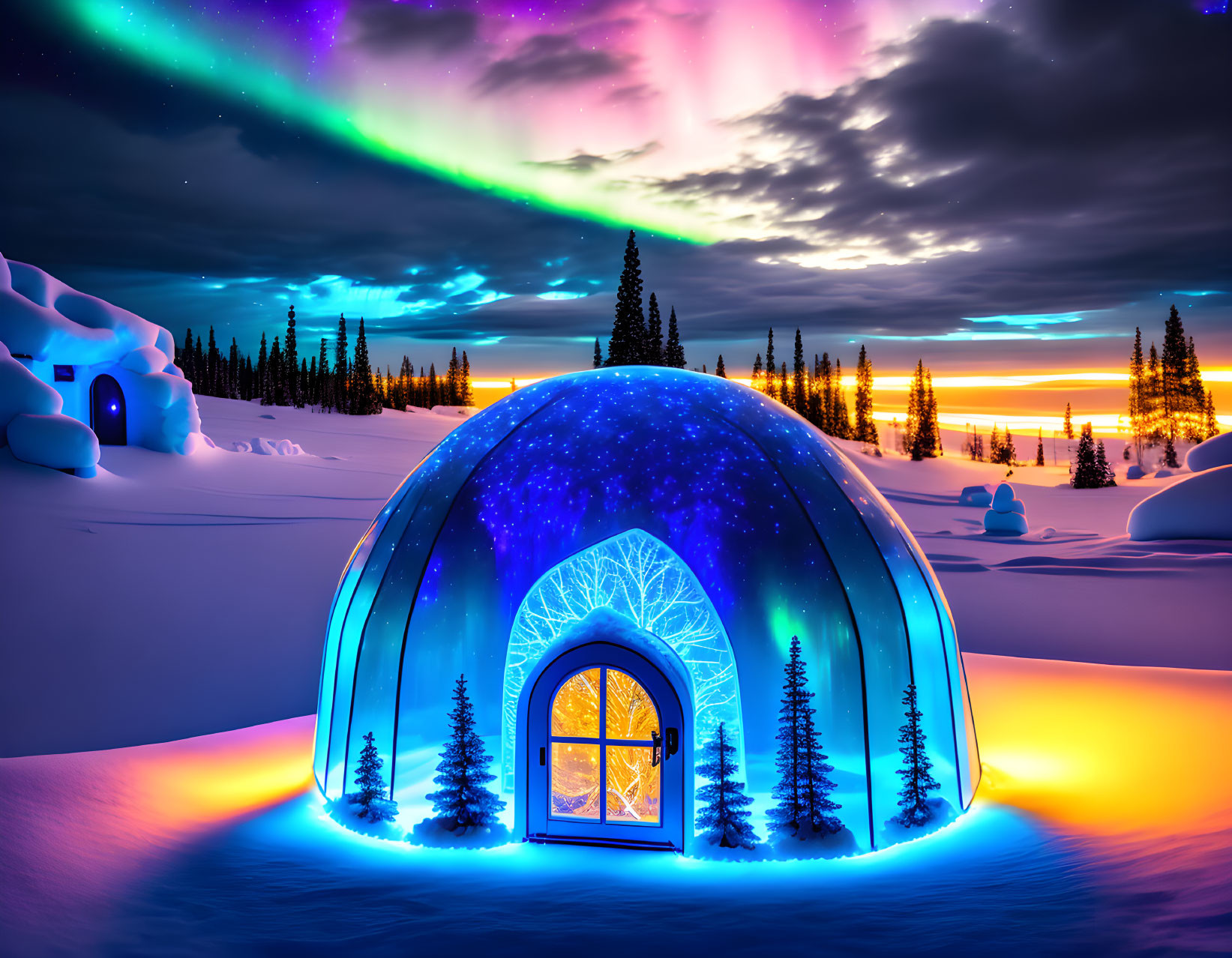 Vibrant igloo glowing under aurora-filled night sky in snowy landscape