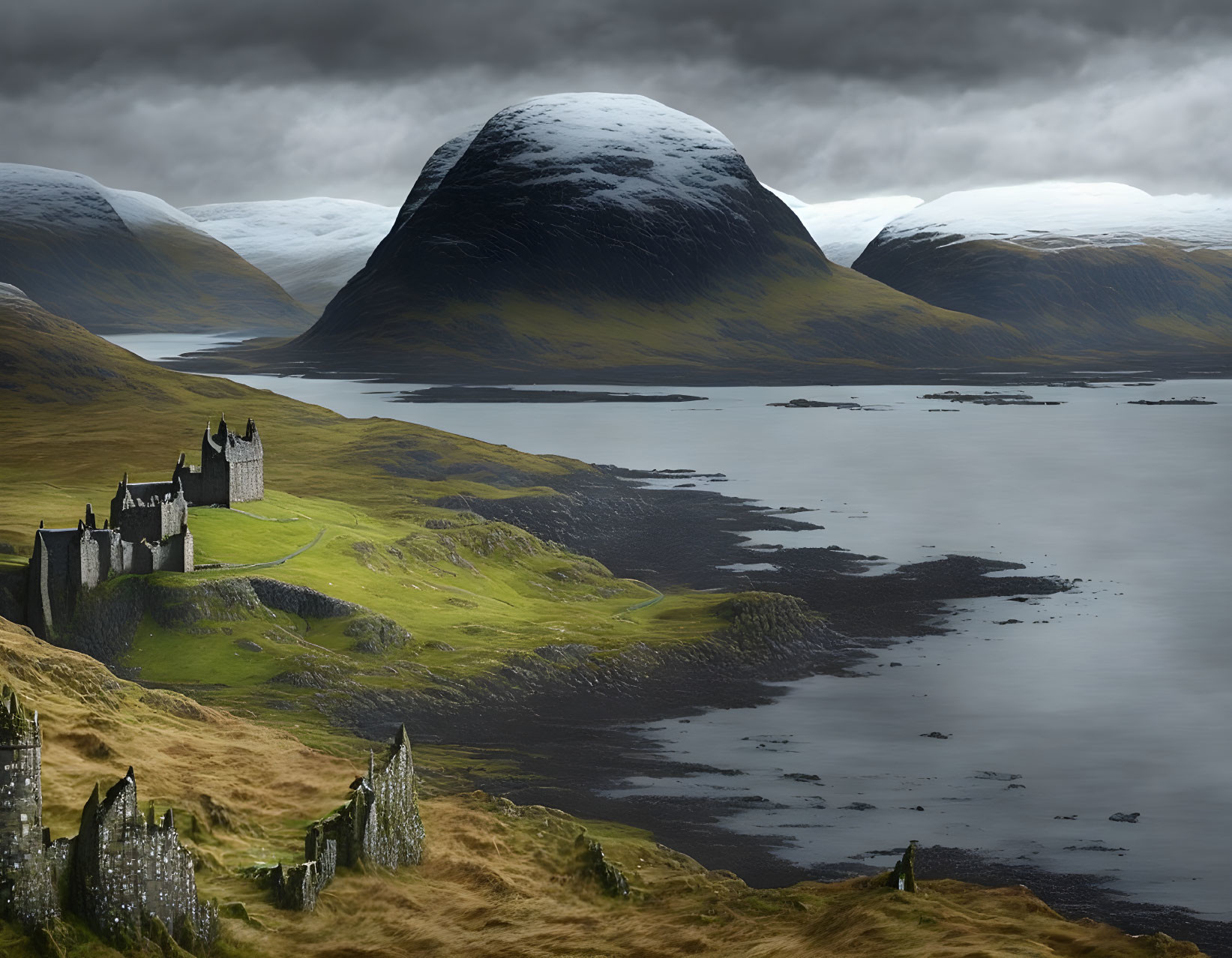 Castle overlooking serene loch, rolling hills, snow-capped mountains, cloudy sky