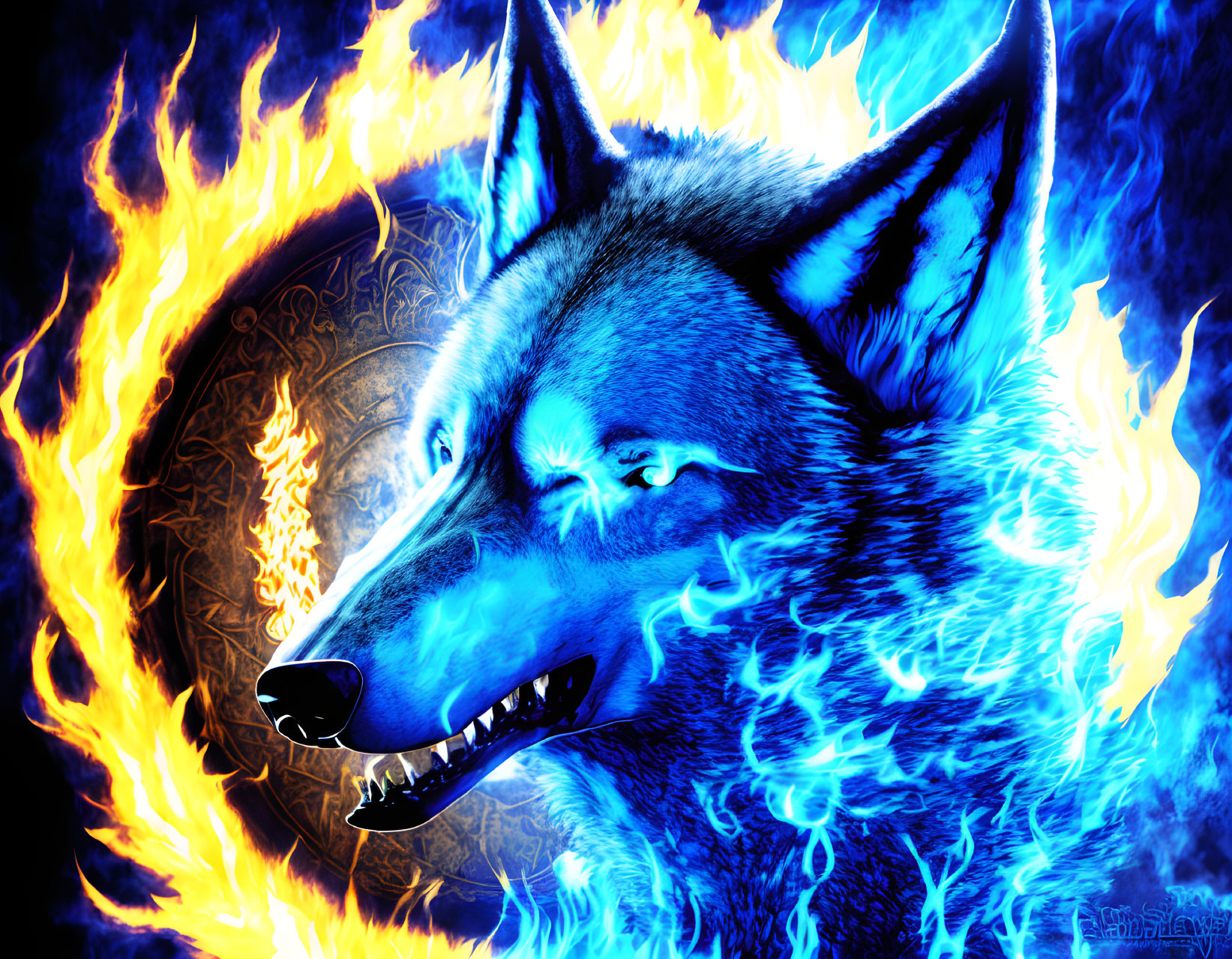 Digital artwork of wolf with blue flames, orange fire, glowing eyes, dark background