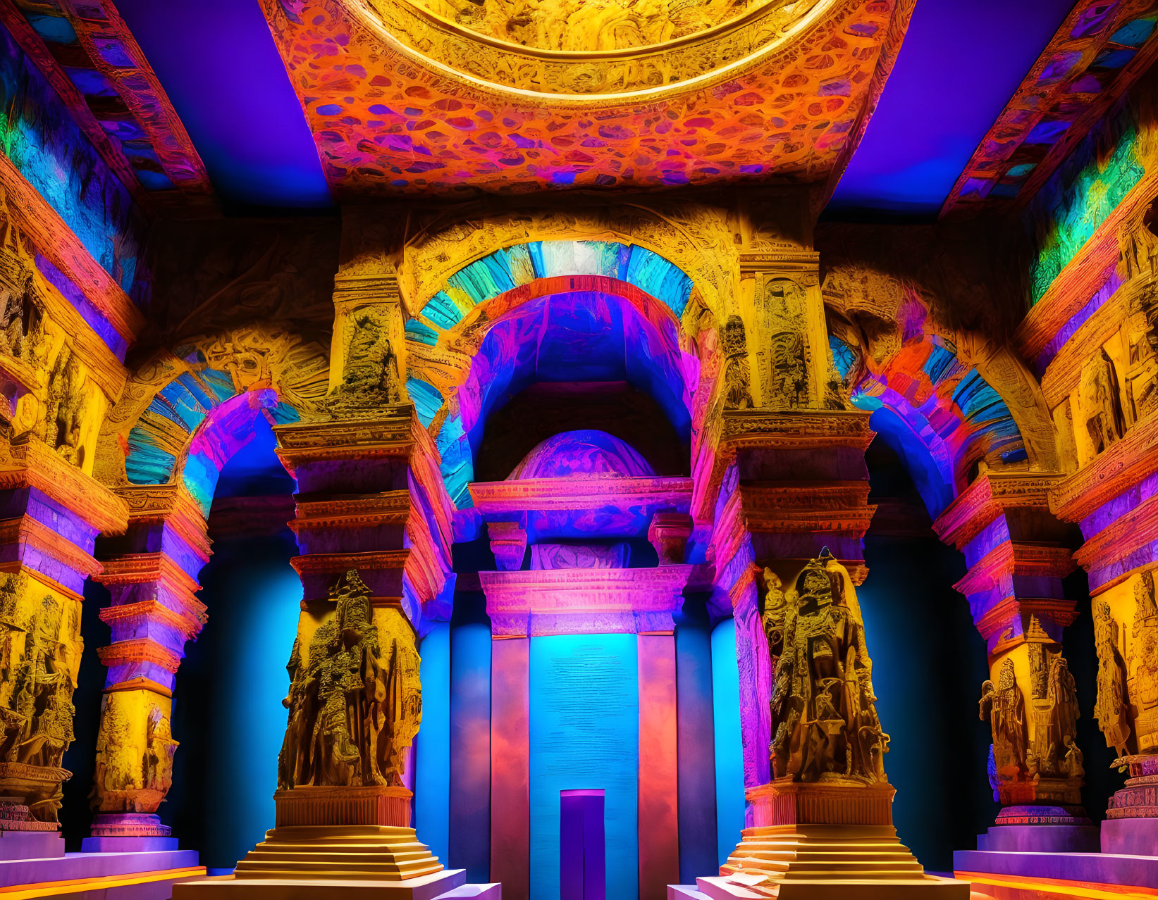 Historical hall with arches, sculptures, central staircase, and bright blue door