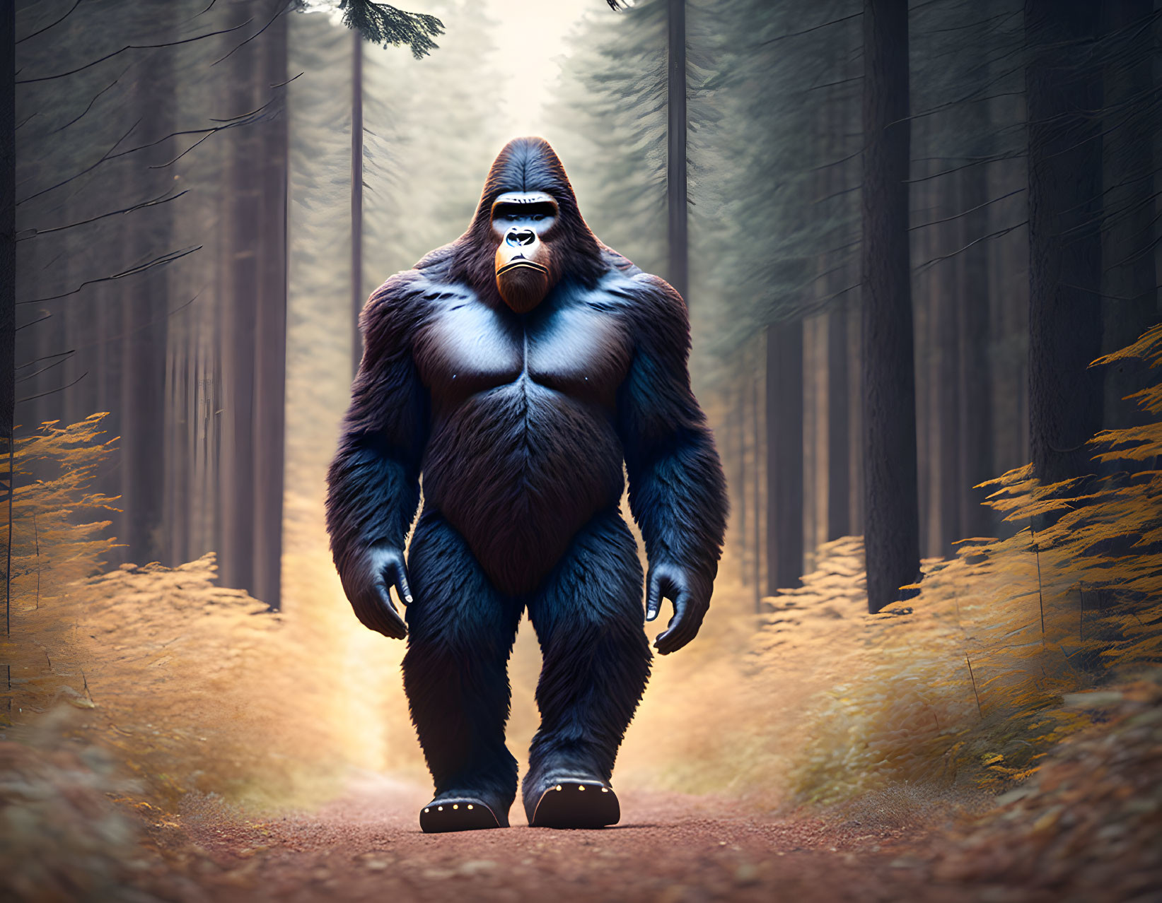 Stylized gorilla in forest with mist and tall trees