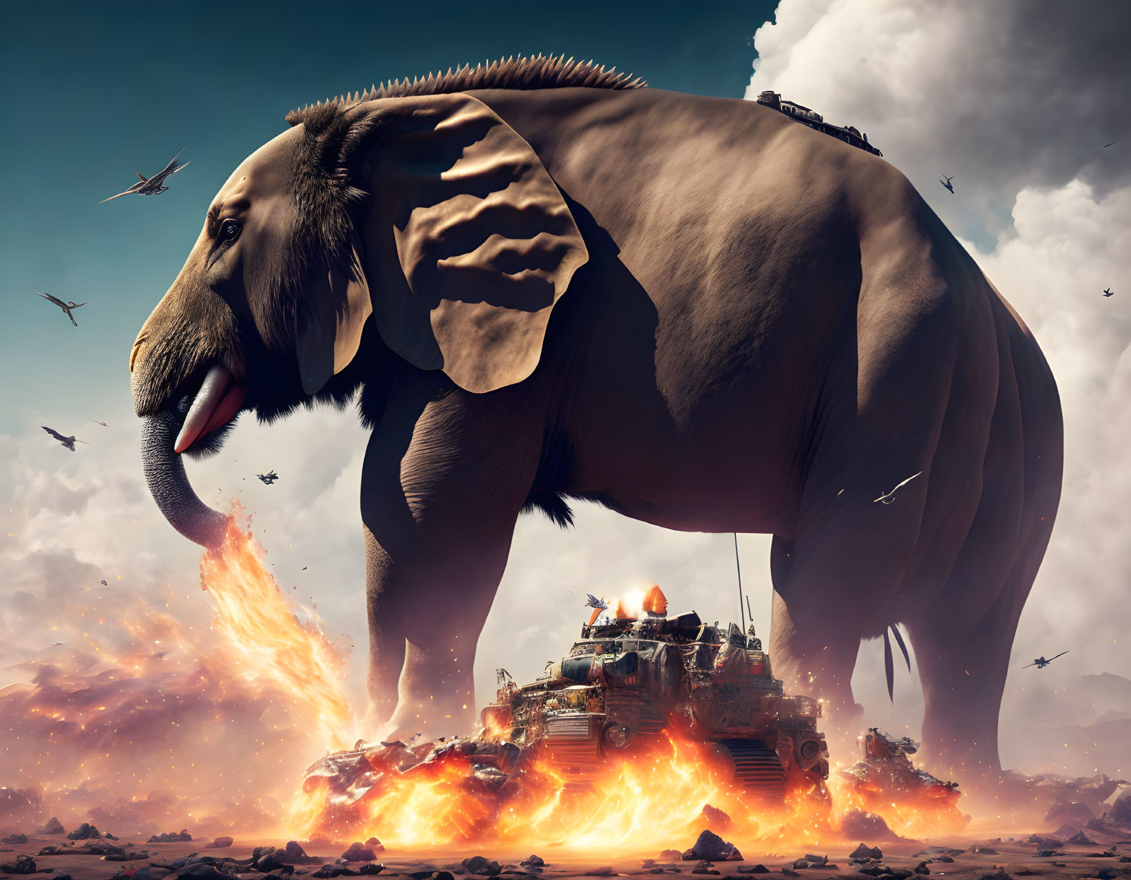 Gigantic elephant with fiery explosion and tank on its back under cloudy sky.