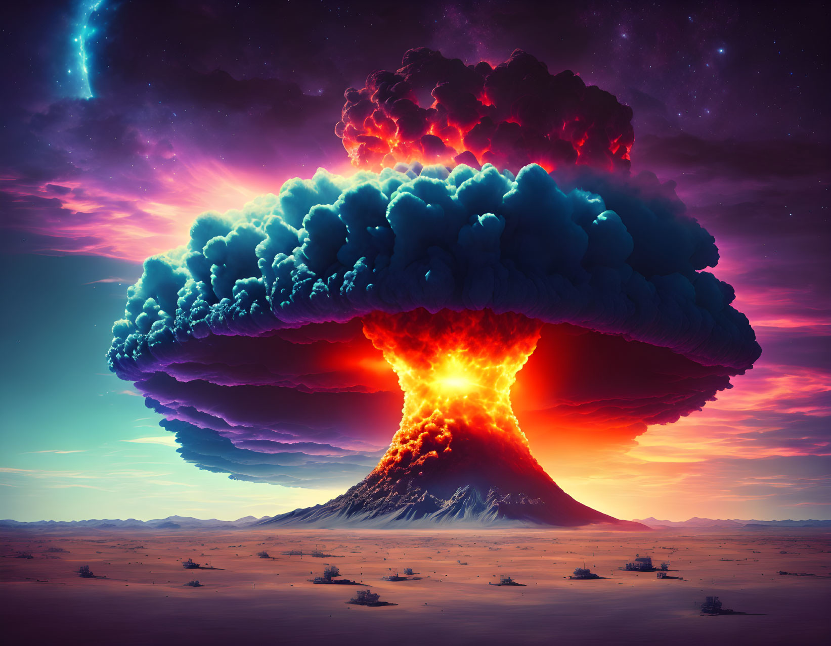 Illustration of massive nuclear explosion in desert twilight.