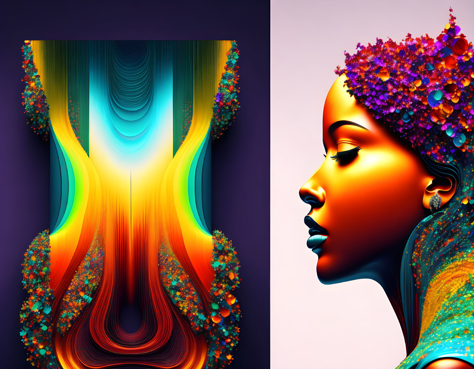 Colorful Digital Artwork: Split Design with Symmetrical Pattern and Woman's Profile