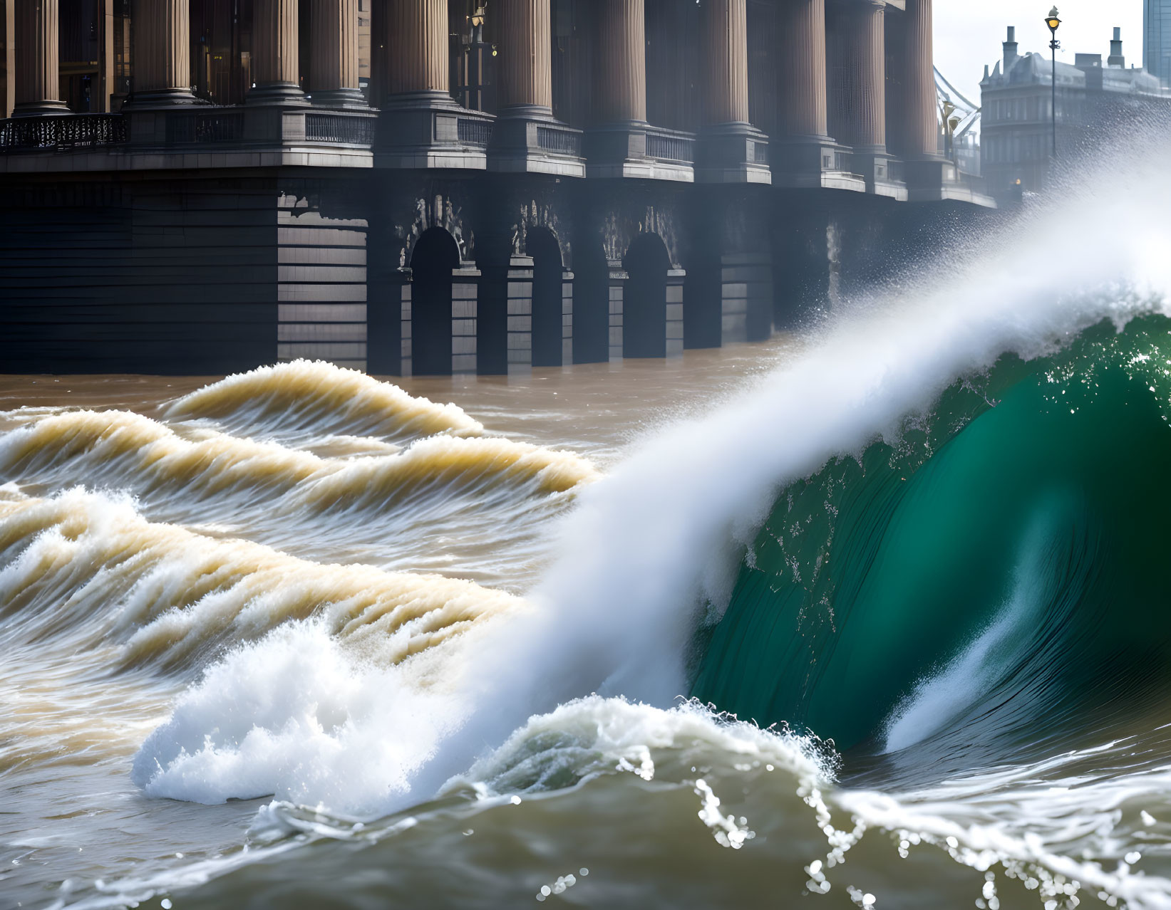 Powerful Wave Crashing with Classical Buildings in Background