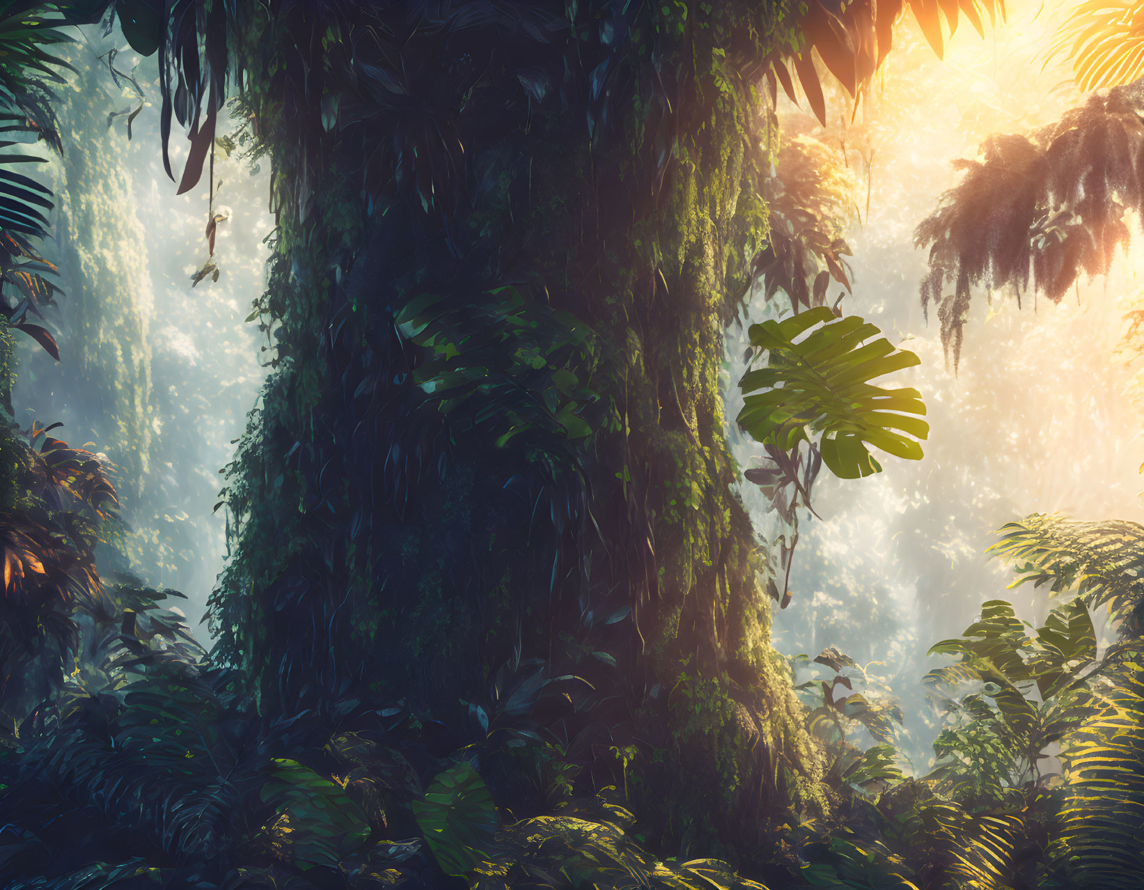 Tropical Rainforest: Dense Foliage, Sunlight, Green Plants