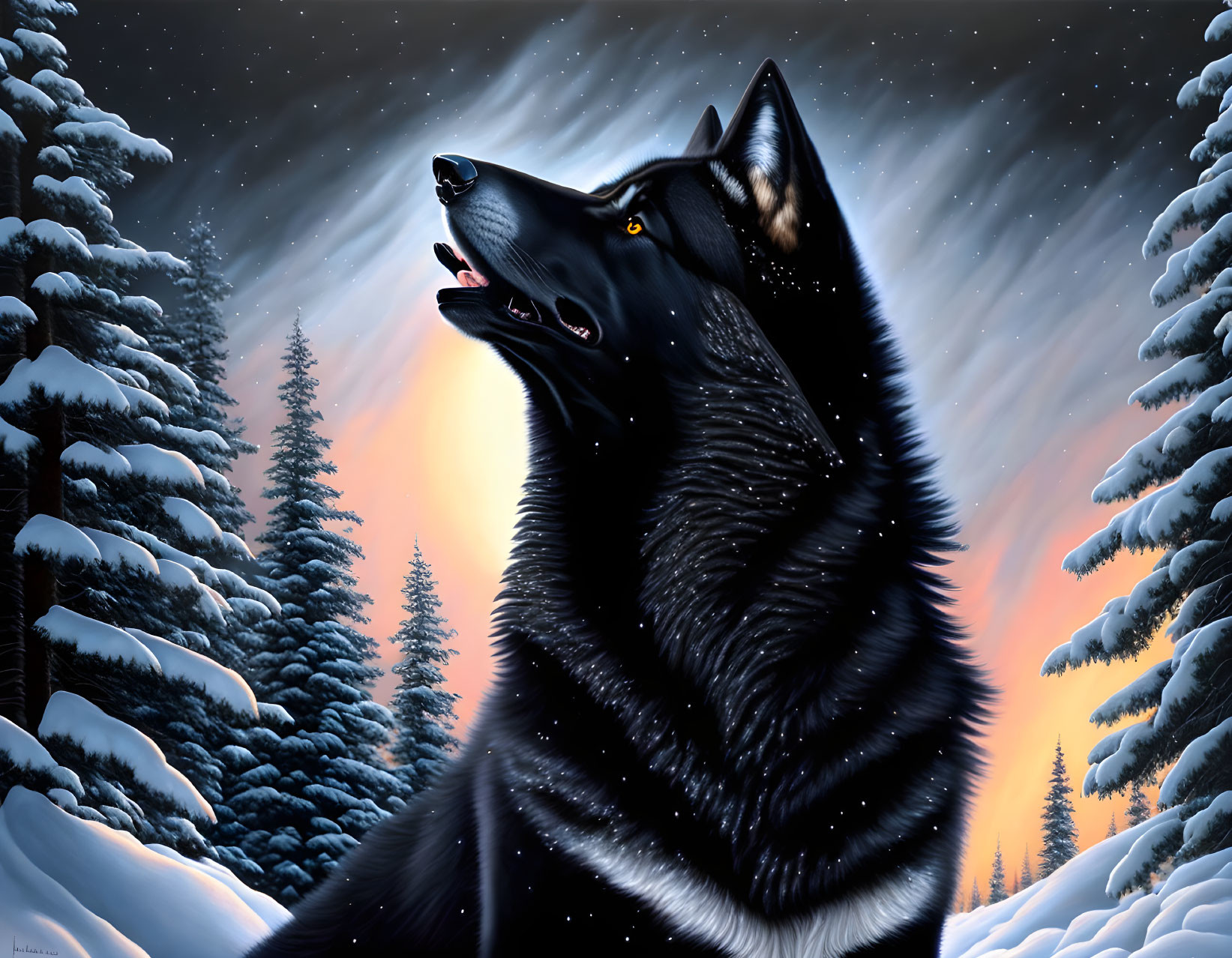 Black wolf in snowy forest under night sky with falling snowflakes