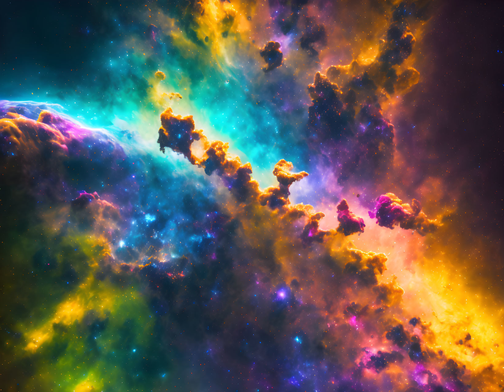 Colorful Nebula with Swirling Blue, Yellow, Orange, and Purple Hues