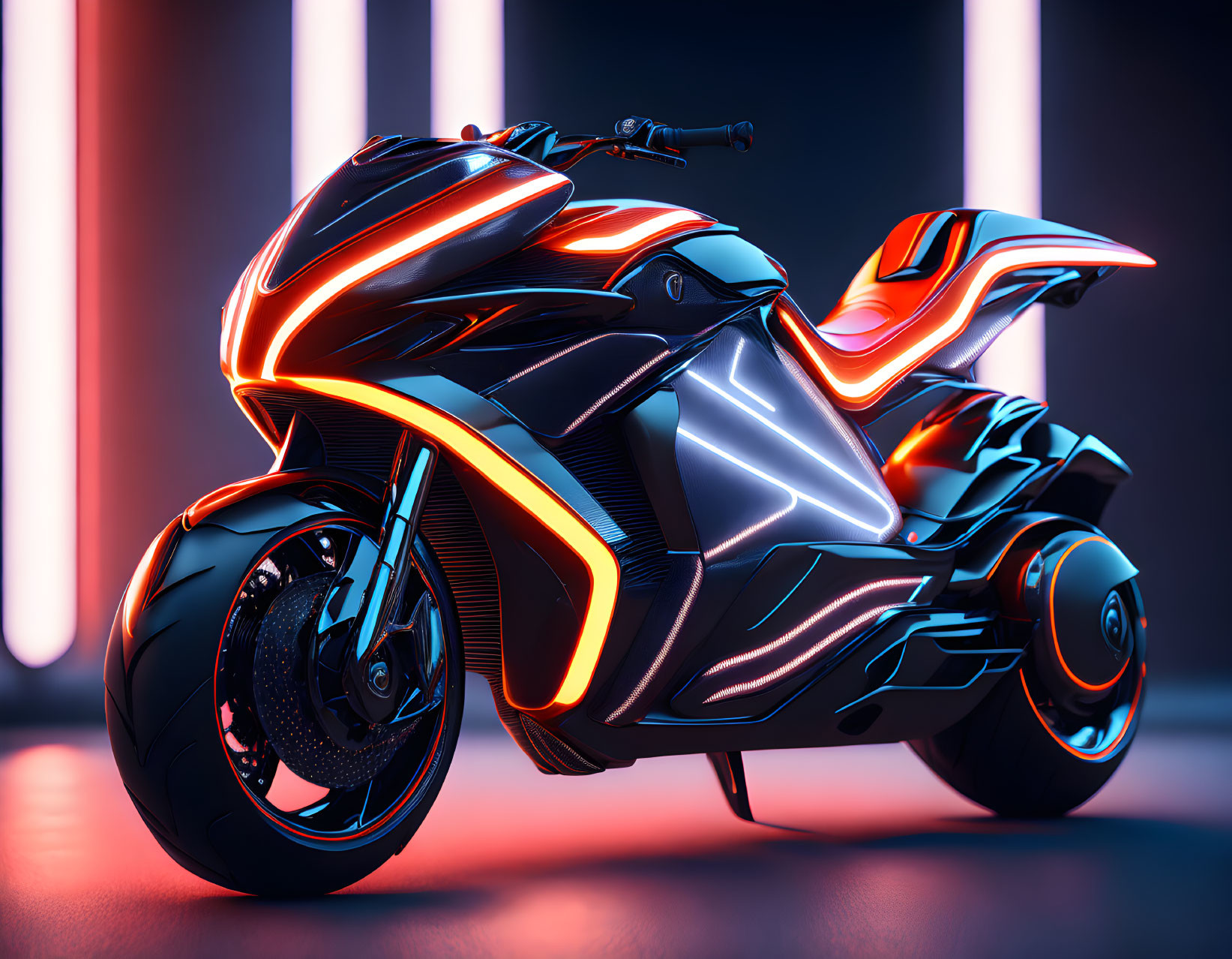 Futuristic motorcycle with glowing orange lines on neon-lit background