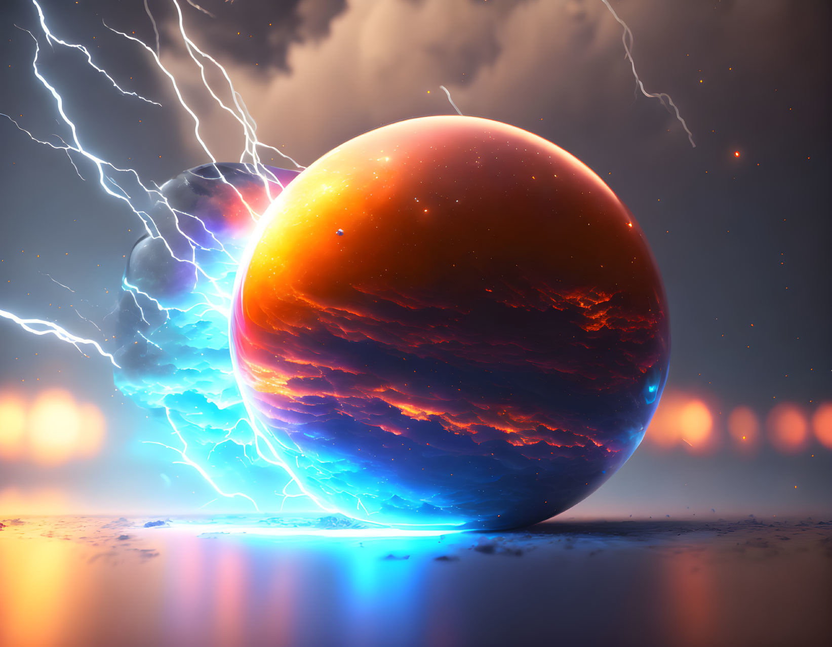 Large Glowing Orange and Blue Planet with Lightning Strikes in Dusky Sky