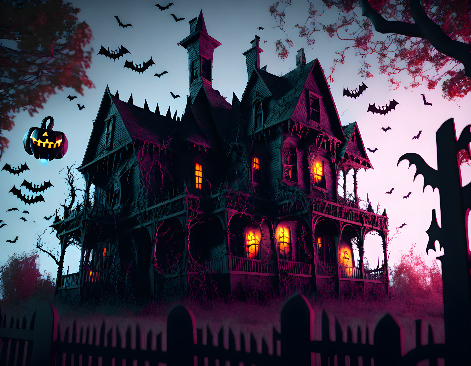 Victorian-style haunted house at dusk with eerie surroundings.