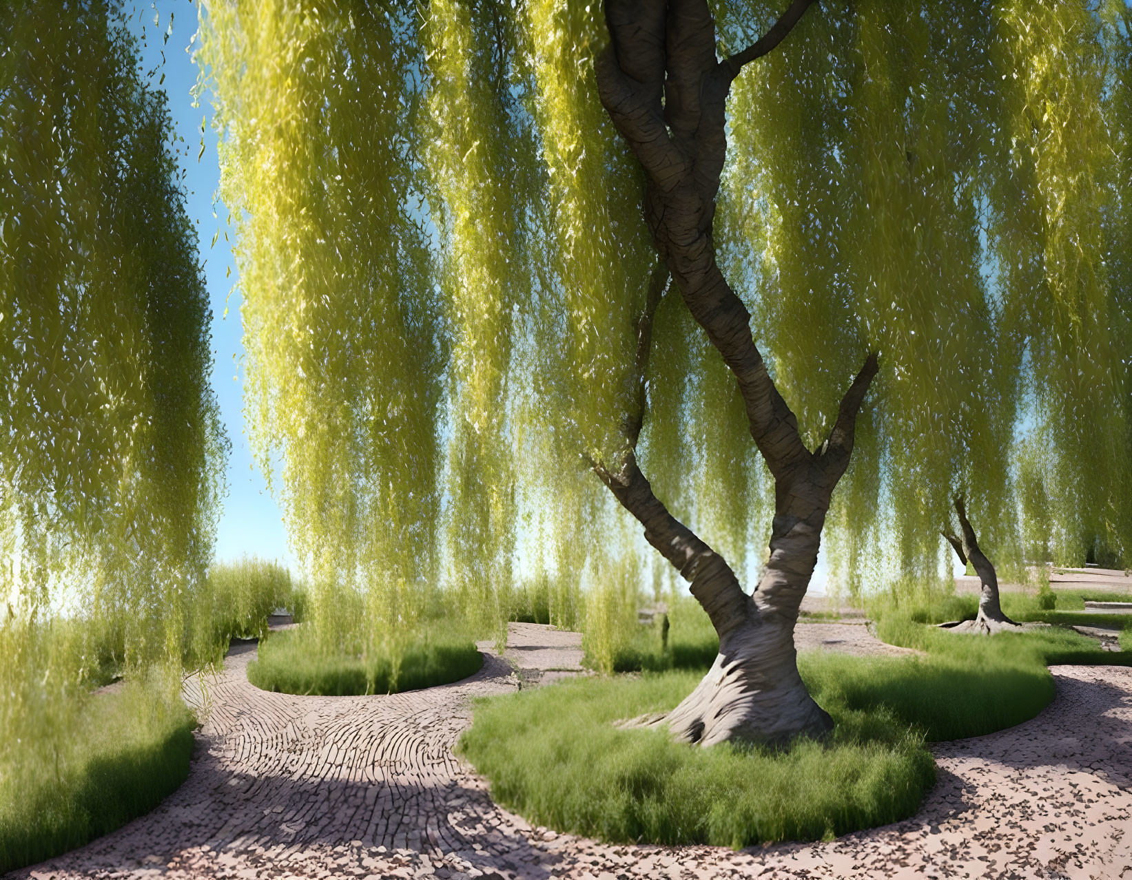 Tranquil park with cobblestone path and willow tree