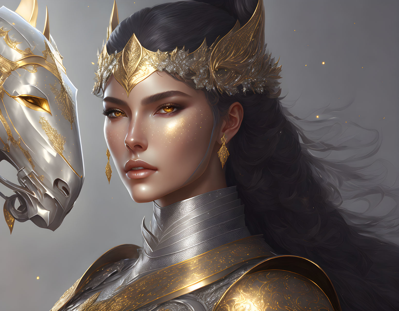 Detailed artwork of woman in golden armor with horse head helmet