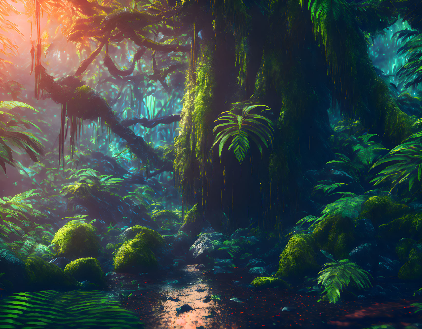 Enchanting forest scene with dense foliage and sunbeams