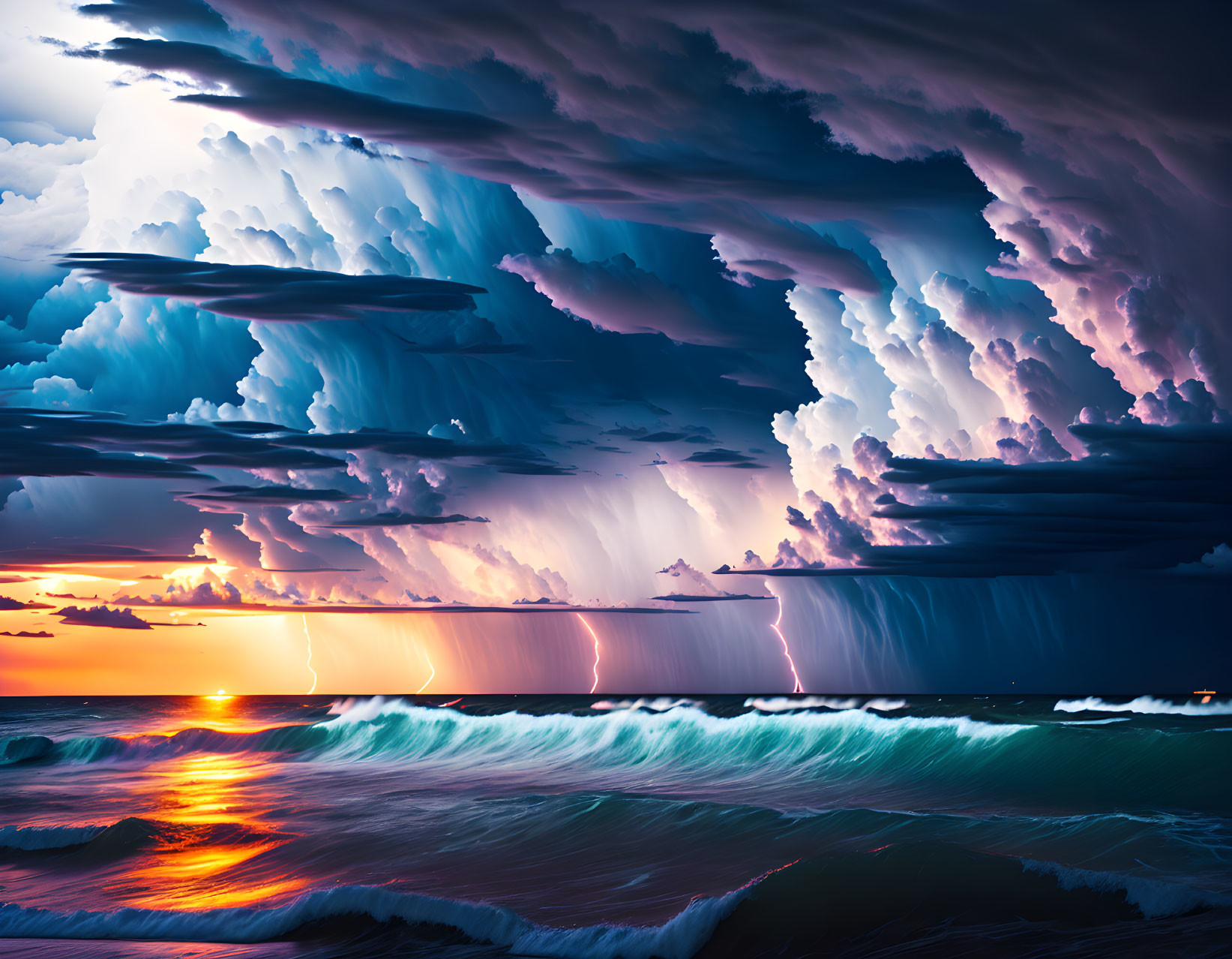 Towering cumulonimbus clouds at sunset over turbulent ocean