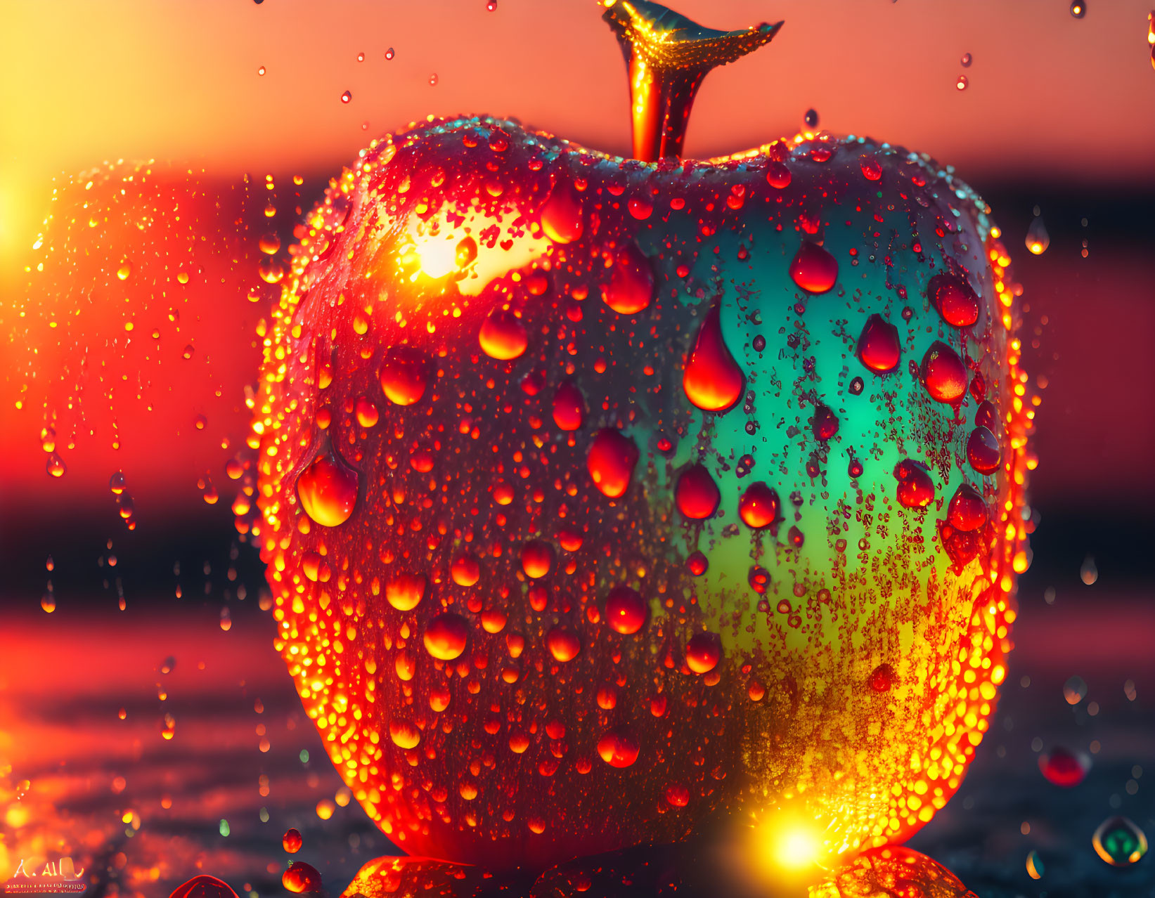 Fresh Apple with Water Droplets on Warm Background