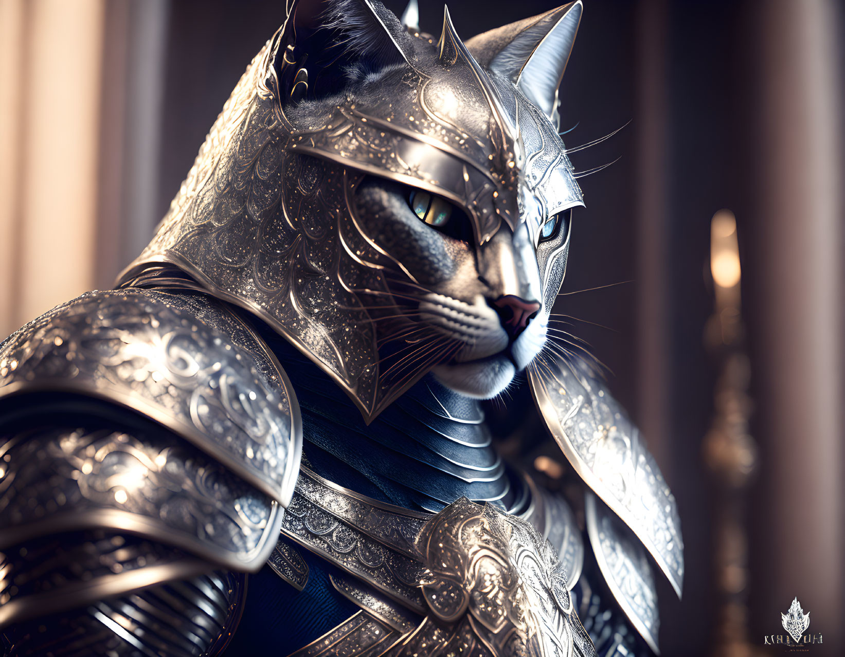 Digital artwork: Cat in medieval knight armor with detailed helmet.