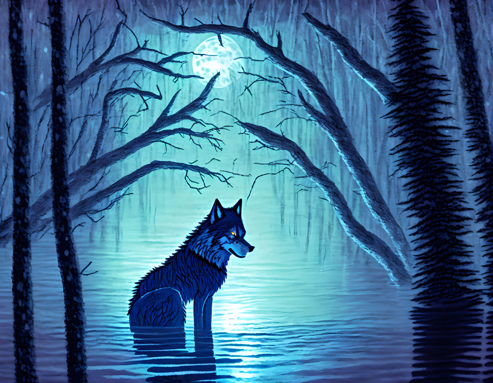 Lone wolf in moonlit misty forest with eerie blue light