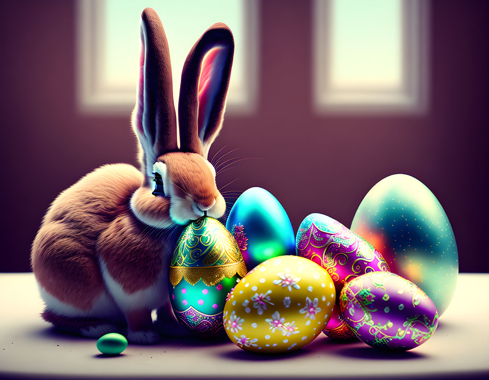 Colorful Easter Eggs with Rabbit on Table