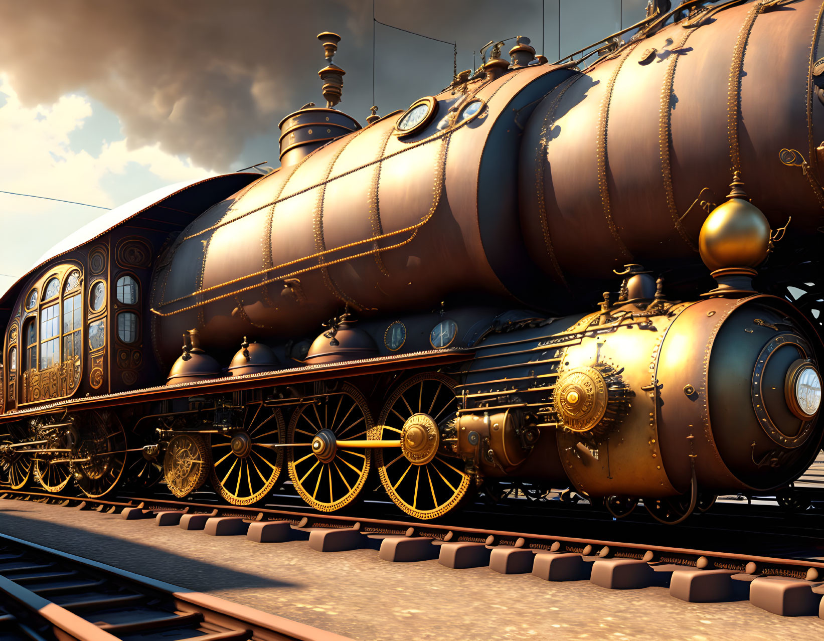 Steampunk-style locomotive with golden details on tracks at sunset