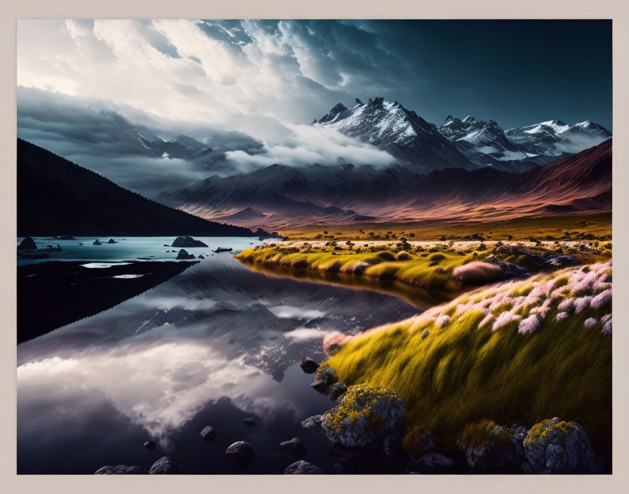 Tranquil lake with mountains and dramatic sky