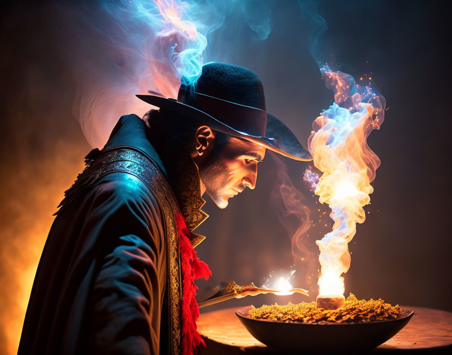 Man in hat surrounded by smoke and flames gazes at fiery bowl in mystical setting