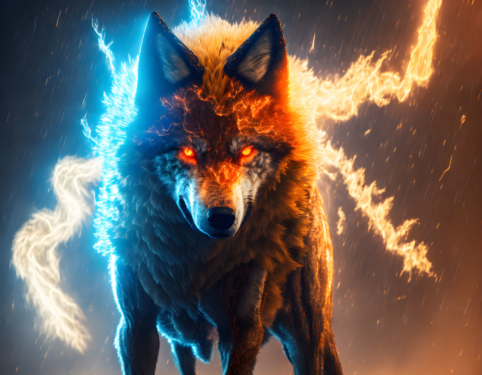 Fiery-eyed fox with lightning bolts background.