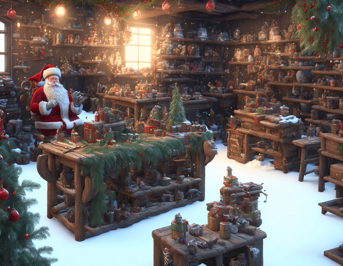 Santa Claus in Festive Workshop with Toys, Decorations, and Christmas Trees