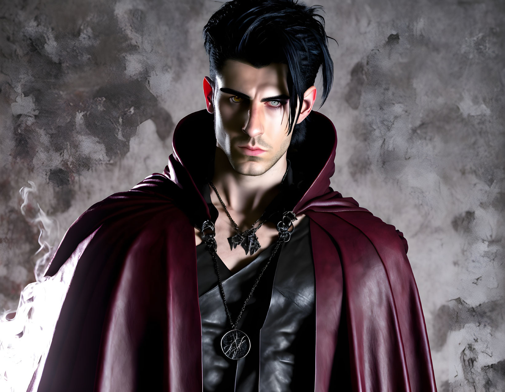 Pale-skinned man in dark attire with red eyes and cape on smoky background