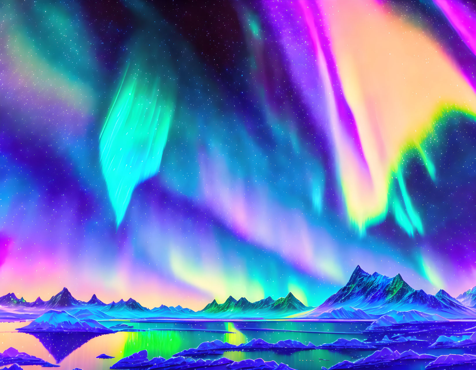 Colorful Aurora Borealis Over Mountain and Lake