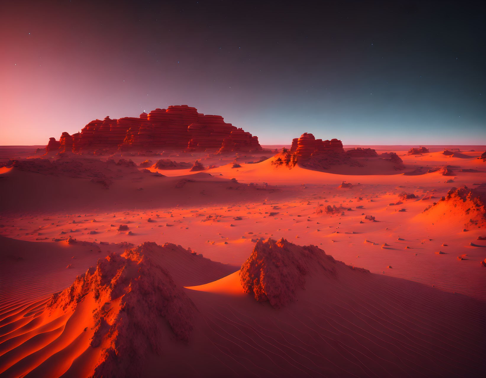 Surreal desert landscape at twilight with starry night sky