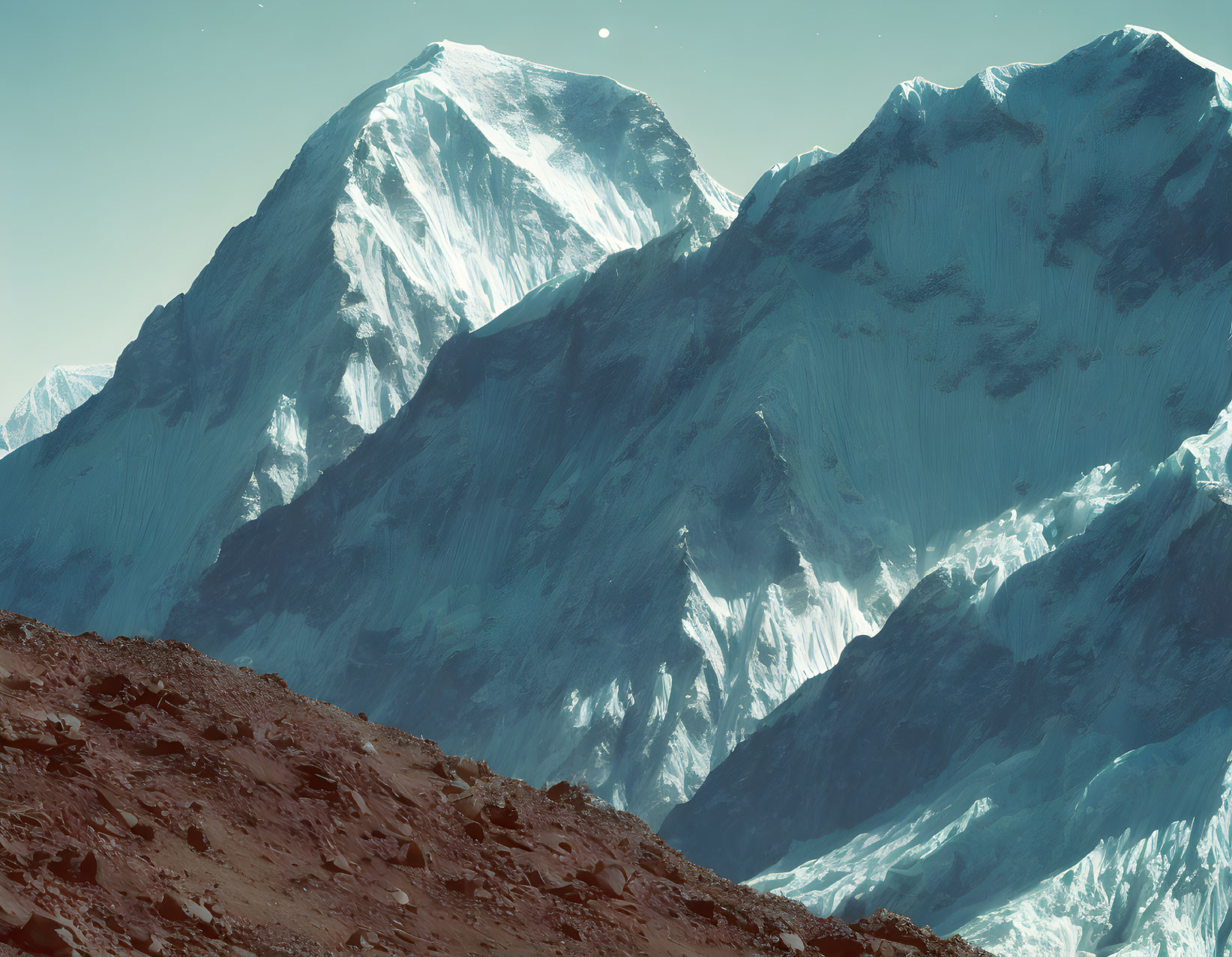 Majestic snow-covered mountain peaks under blue sky