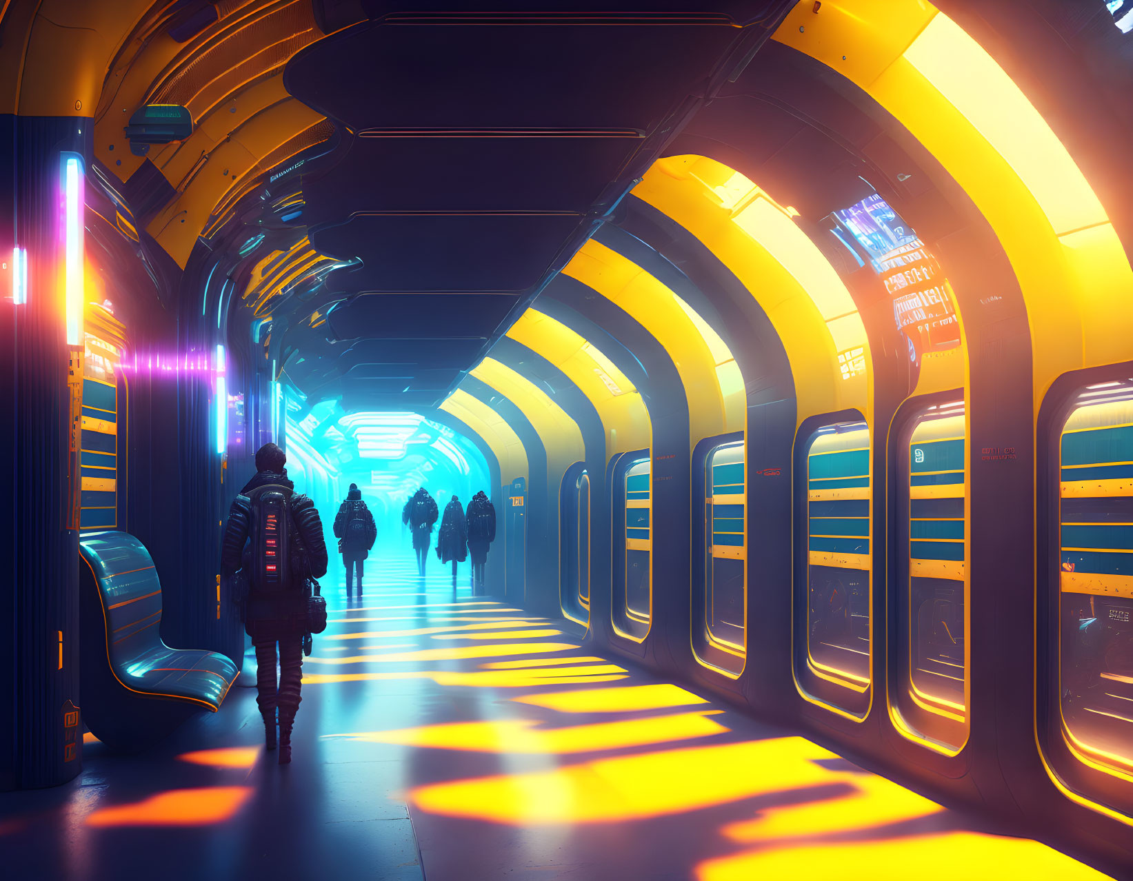 Yellow-walled futuristic corridor with floor lighting, silhouettes of people, and train-like pods.