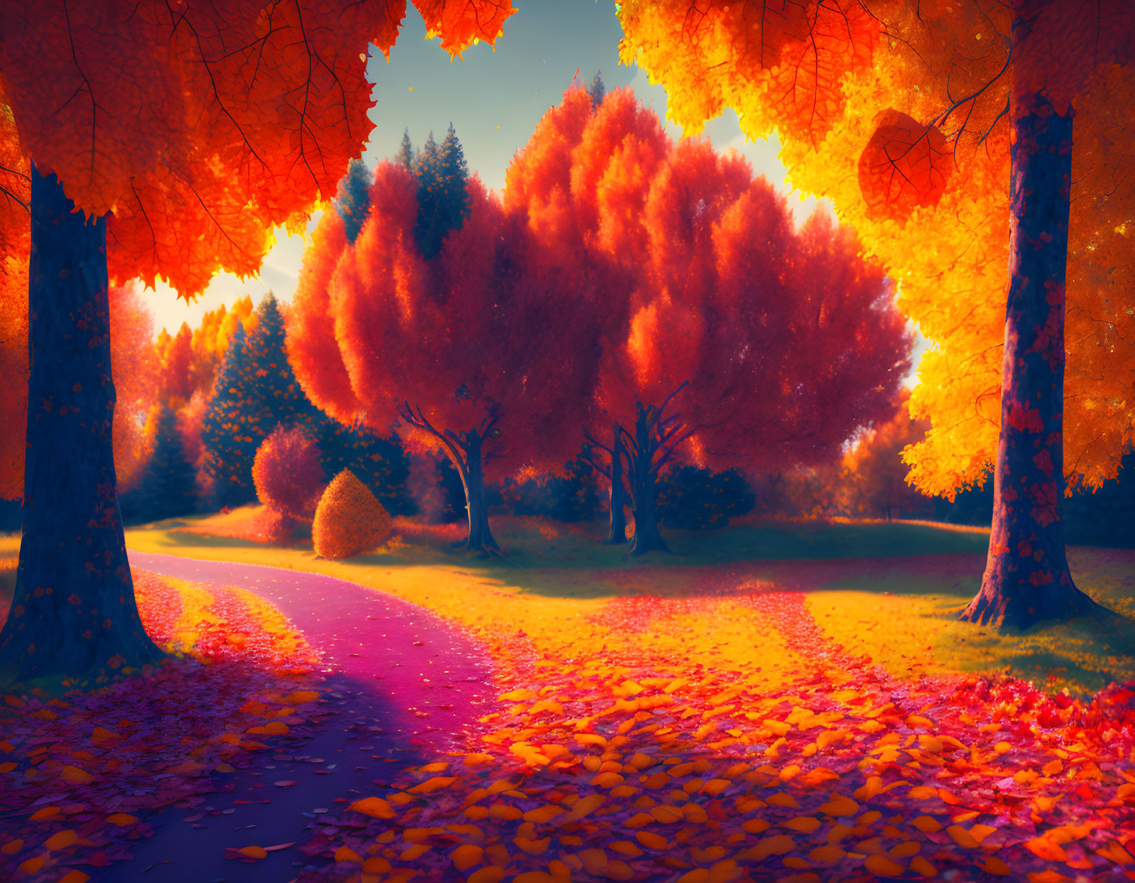 Vibrant autumn forest scene with orange and red leaves, sunlight filtering through