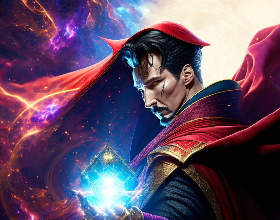 Man with Goatee in Red Cape Holding Mystical Artifact in Cosmic Setting