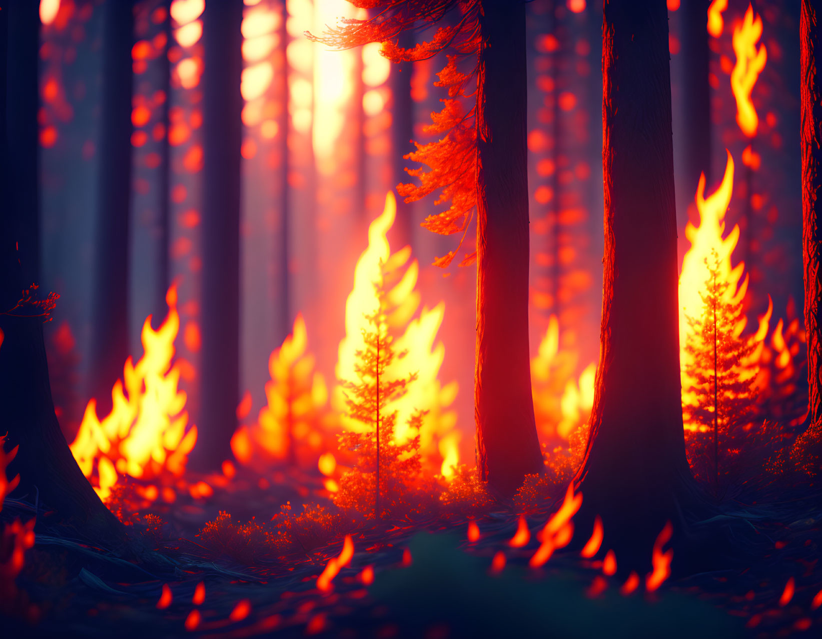 Intense forest fire blazing through trees and forest floor