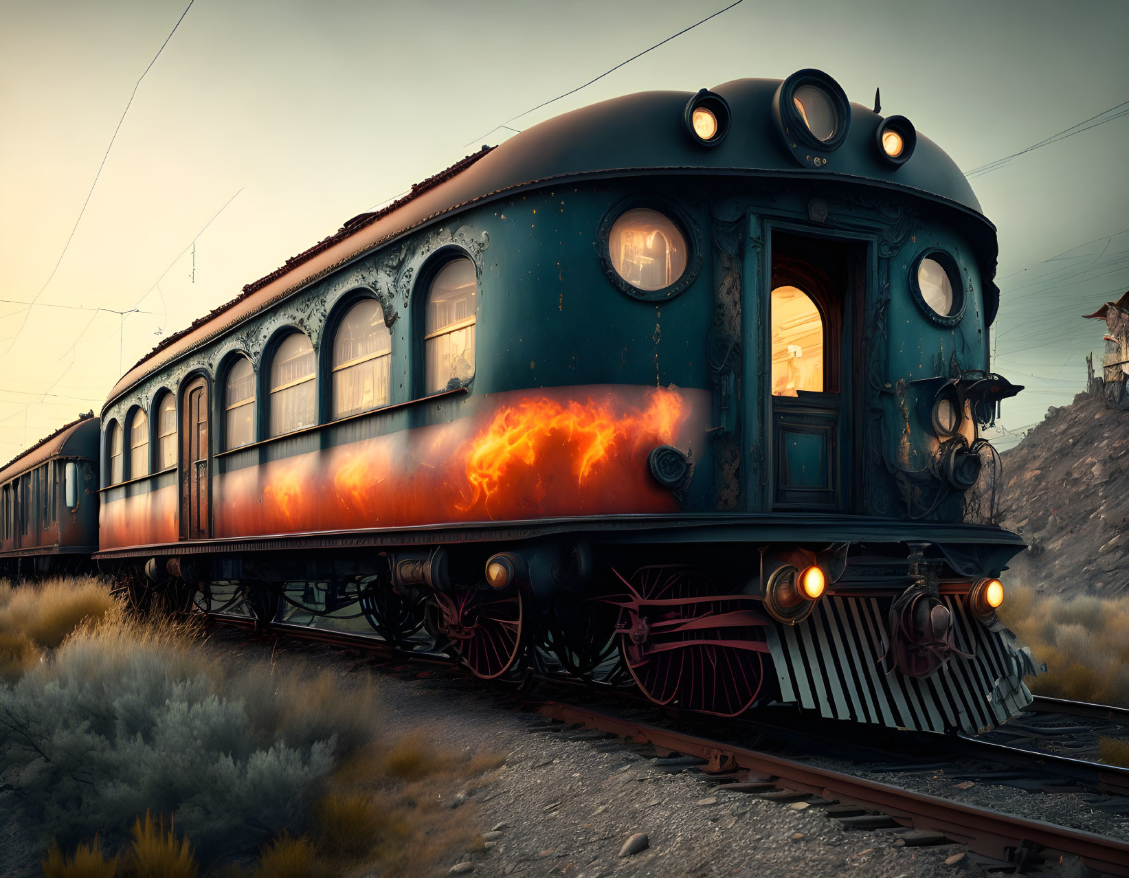 Vintage Train with Glowing Windows and Stylized Flames in Desolate Twilight Landscape