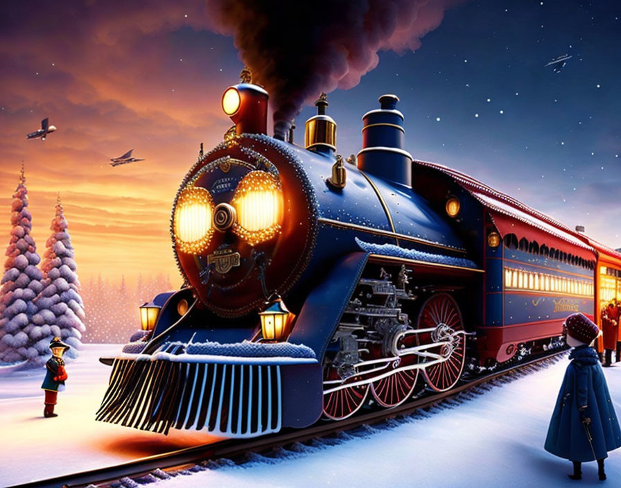 Vintage Train with Lights on Snowy Evening with Child and Conductor by Christmas Tree-Lined Track