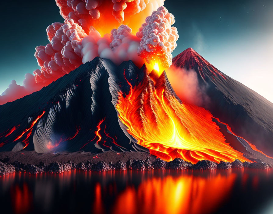 Volcanic eruption with fiery lava flow and massive ash cloud