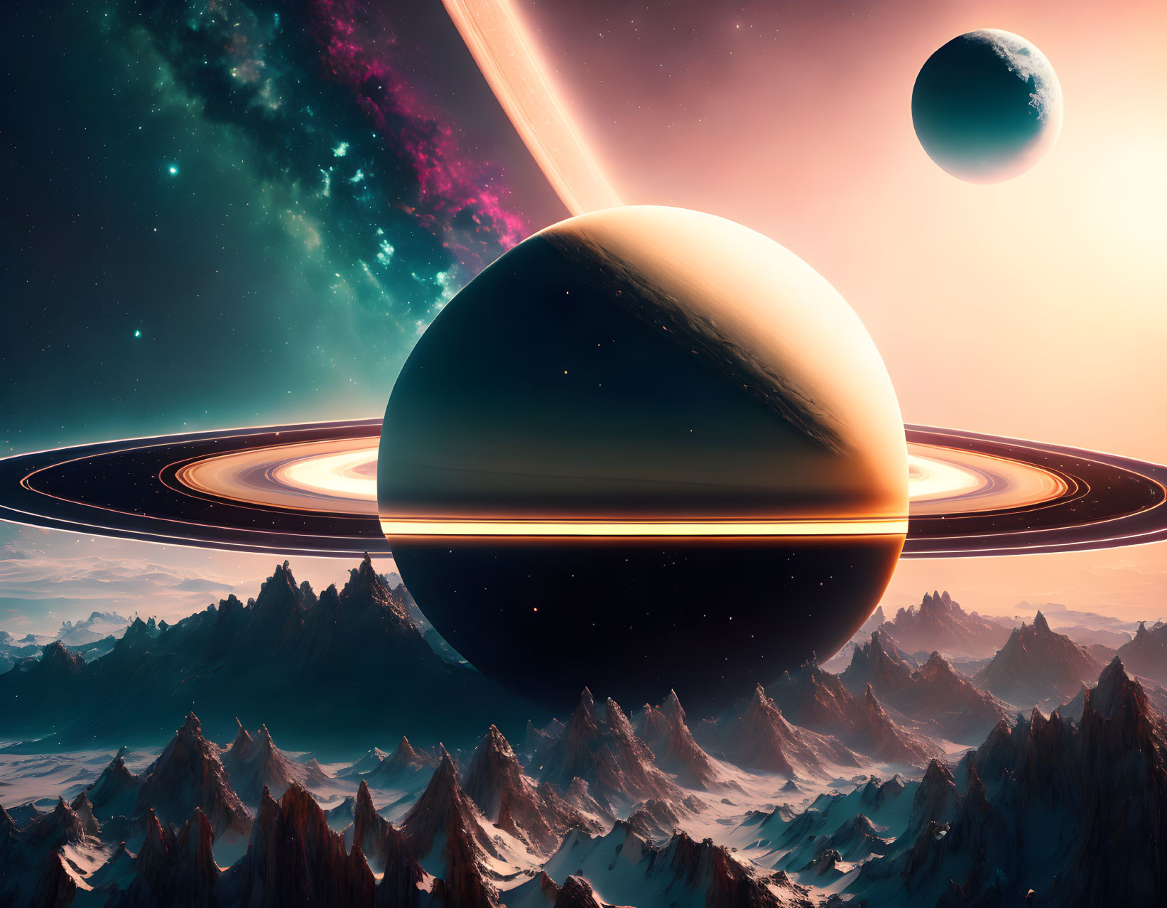 Space vista featuring ringed gas giant, moon, nebula & mountains