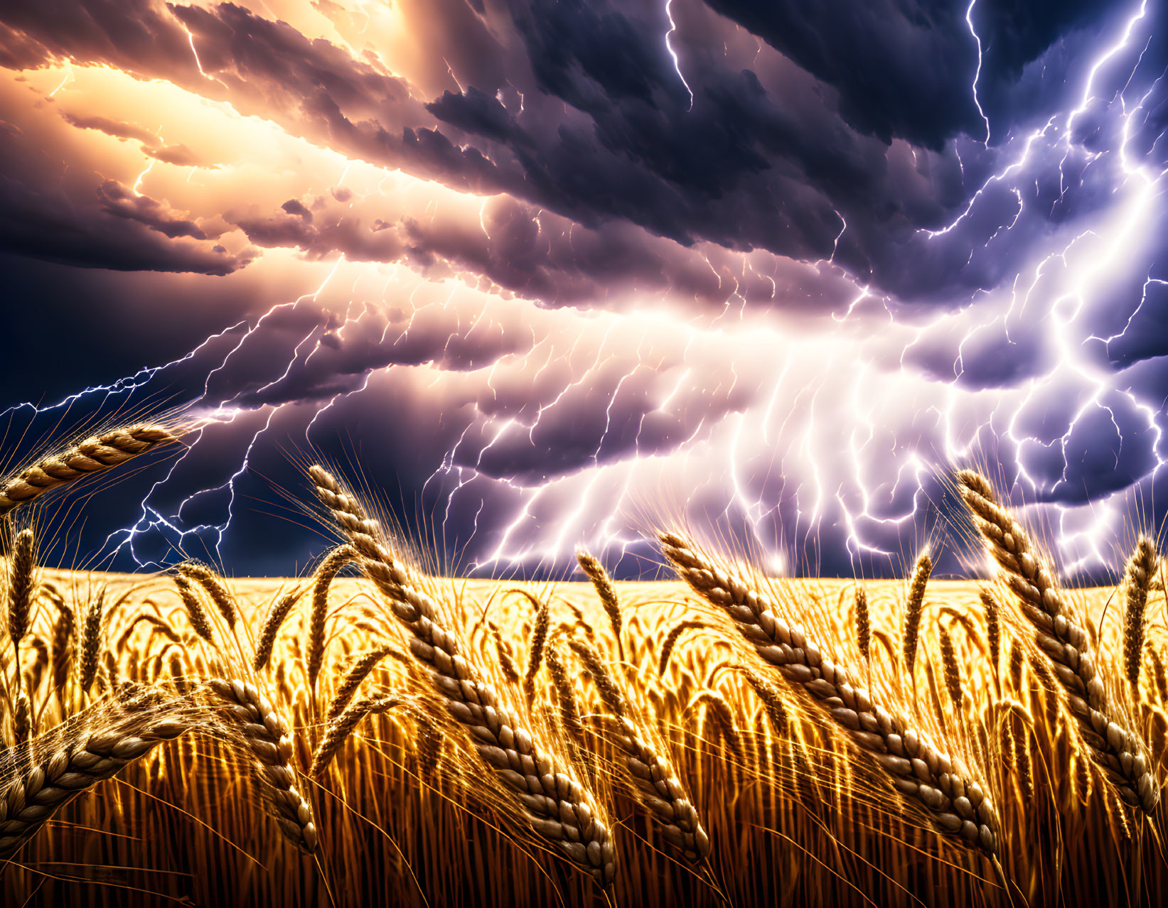 Dramatic lightning storm over golden wheat field